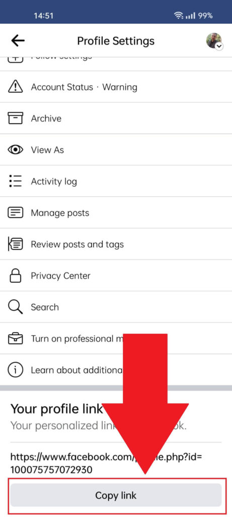 Facebook profile settings where the "Copy Link" option is highlighted and has a red arrow pointing to it