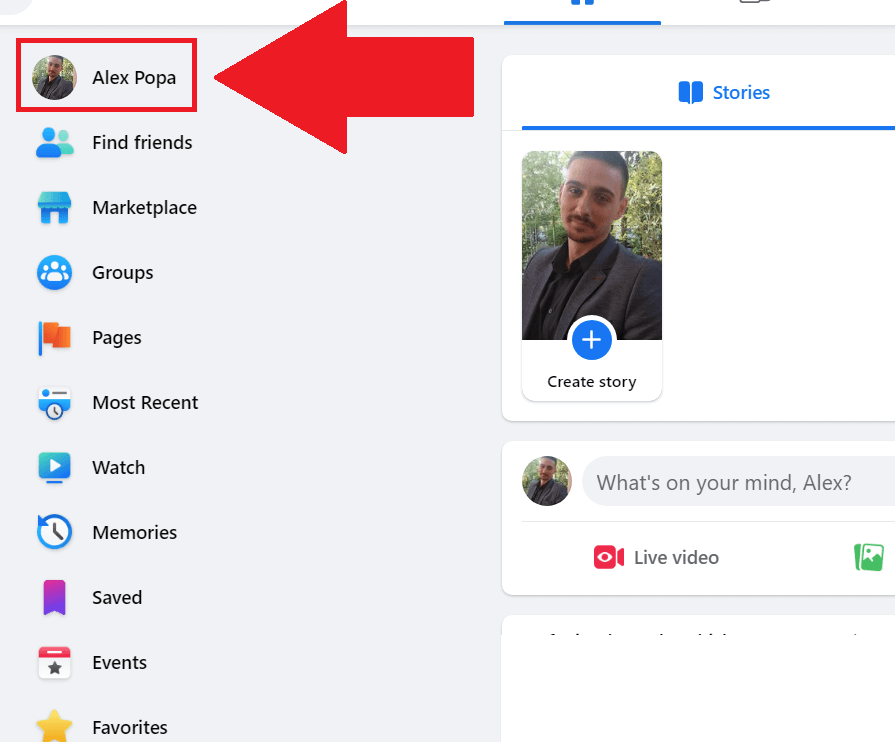 Facebook official website showing your name and profile picture highlighted in the top-left corner