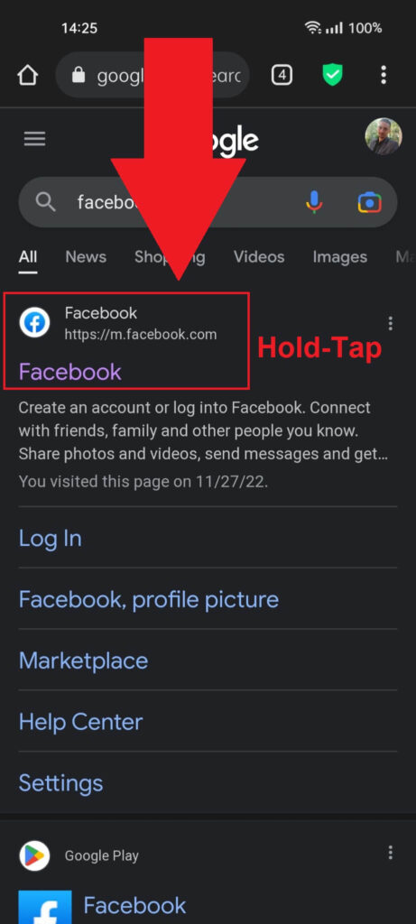 Mobile browser showing the Facebook website search result highlighted in red, and the "Hold-Tap" message next to it