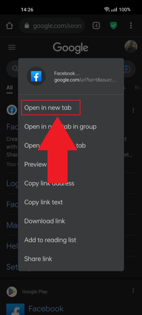 Mobile internet browser showing a settings window where the "Open in new tab" option is highlighted in red and there's a red arrow pointing to it