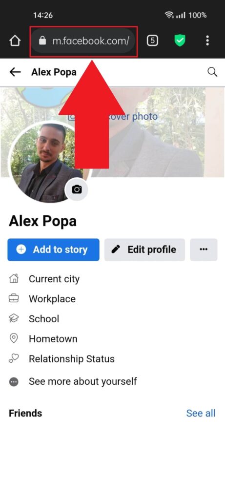 Facebook profile page showing the URL link highlighted at the top of the page