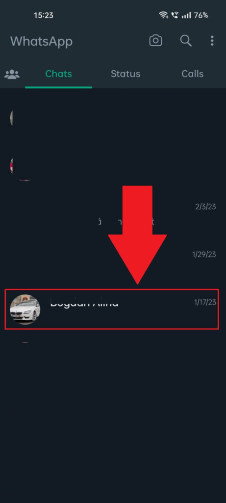 WhatsApp "Chats" page showing a friend's chat highlighted and a red arrow pointing to it