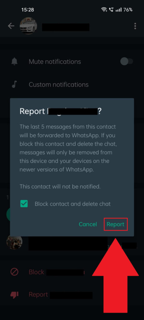 WhatsApp confirmation window showing the "Report" option highlighted and a red arrow pointing to it