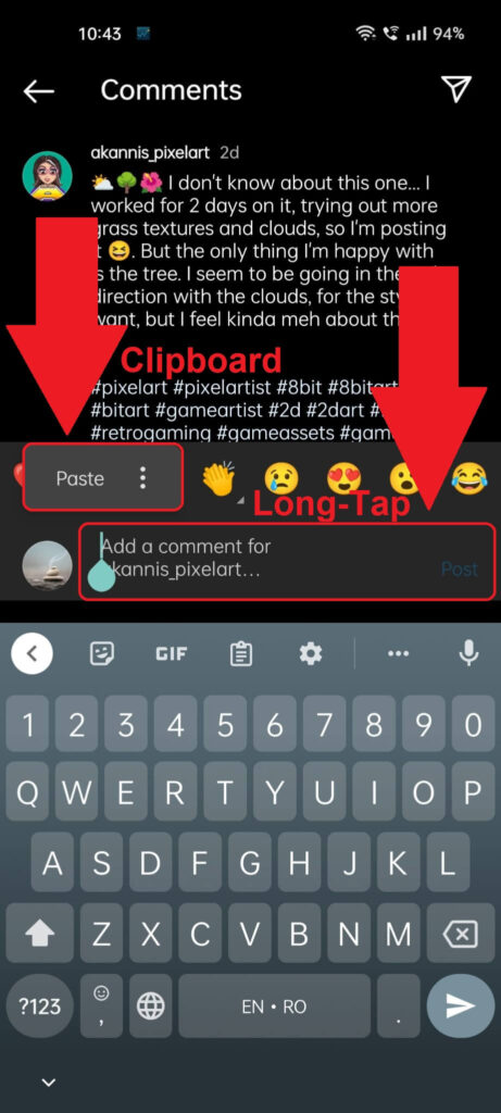 Instagram comment section where the text field is highlighted and the clipboard menu is also highlighted