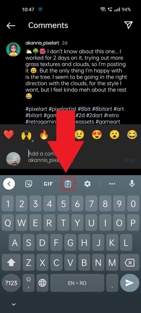 Instagram comment section showing the keyboard and the "Clipboard" option highlighted on it