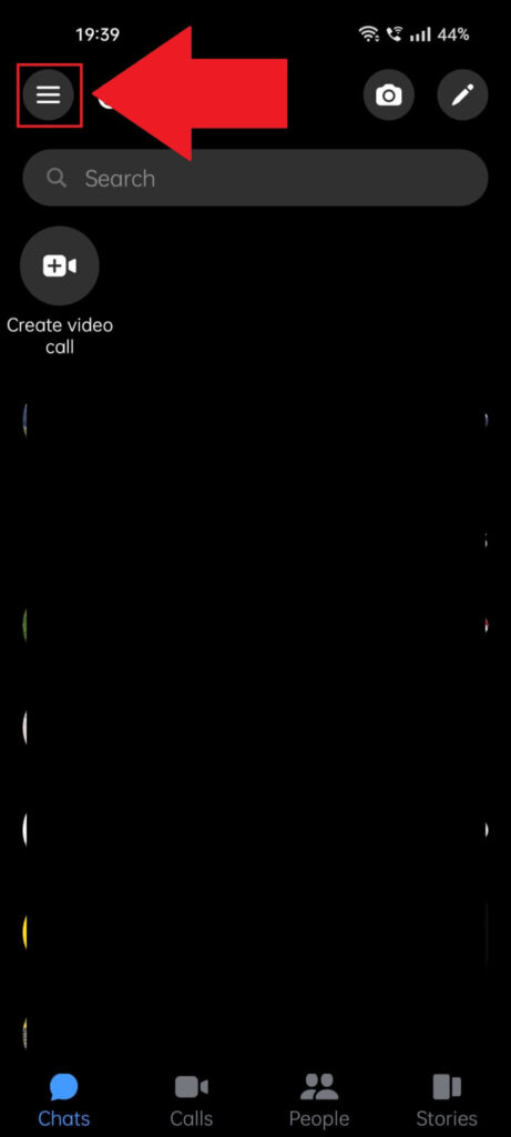 Facebook messenger showing the three-line icon highlighted in the top-left corner
