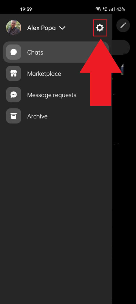 Messenger side-menu showing the Gear icon highlighted in red