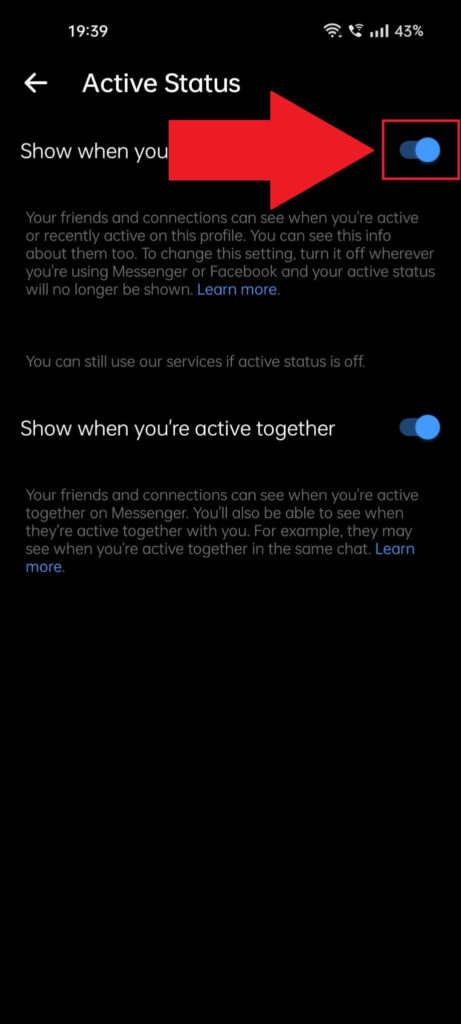 Messenger "Active Status" page where you can see the "Show when you're active" option highlighted