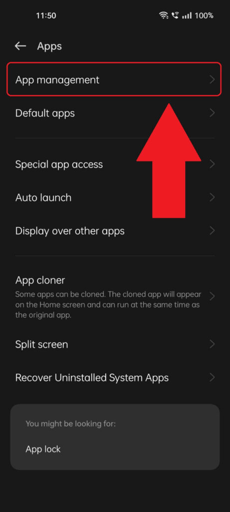 Android "Apps" settings showing the "App management" option highlighted and a red arrow that points to it