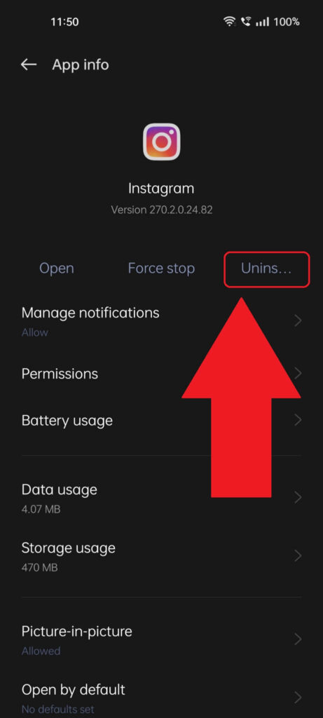 Instagram App Info page showing the "Uninstall" button highlighted and a red arrow pointing to it