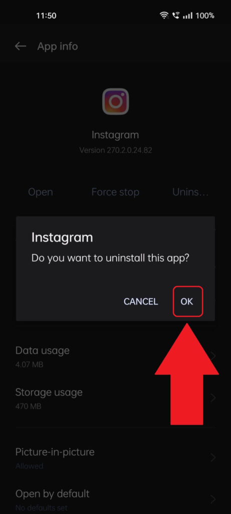 Android confirmation notification asking you about uninstalling Instagram, where the "Ok" button is highlighted in red