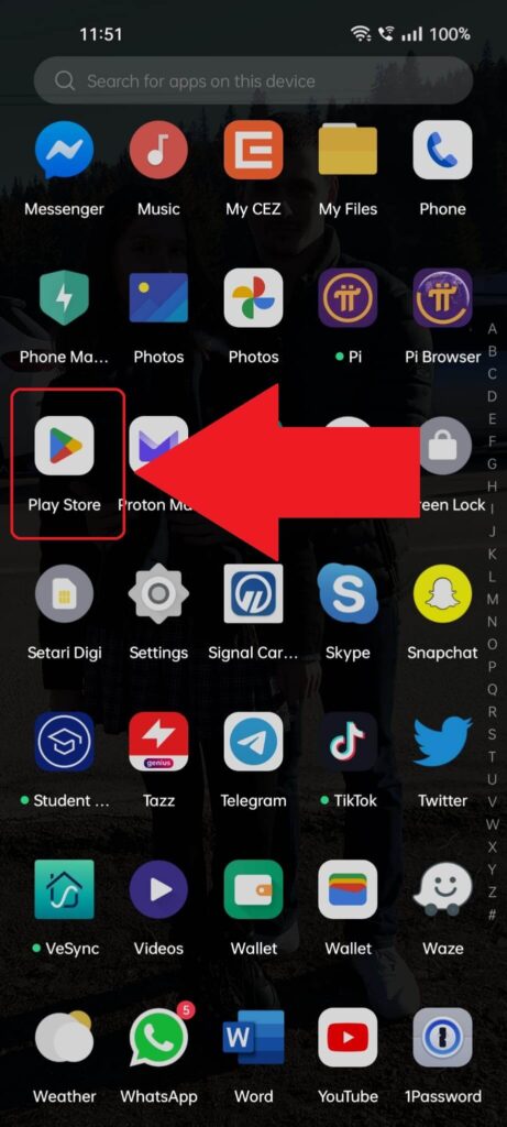 Android phone app list showing the "Play Store" option highlighted and a red arrow pointing to it