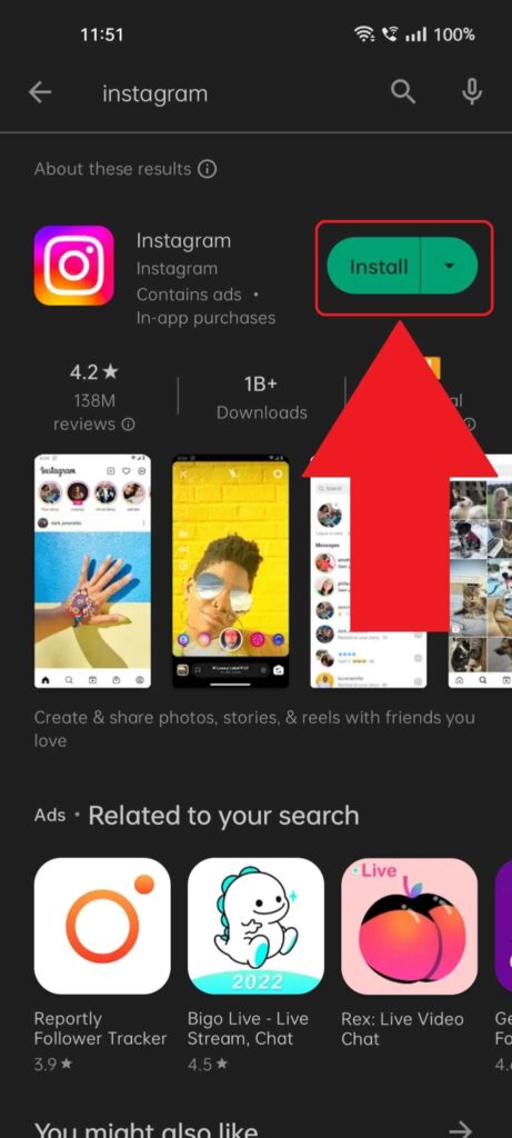 Instagram official page on the Play Store where the "Install" button is highlighted and has a red arrow pointing to it
