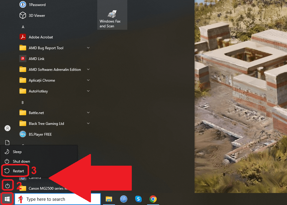Windows 10 Start Menu showing the Start button, Power button, and the "Restart" option highlighted and a red arrow pointing to them
