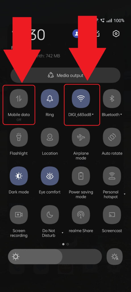 Android phone Quick Menu showing the Wi-Fi and Mobile Data options highlighted and two red arrows pointing to them