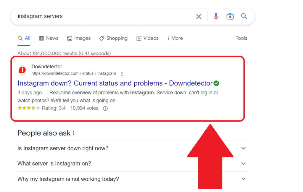 Google search results showing the "Instagram down detector" website highlighted and a red arrow pointing to it