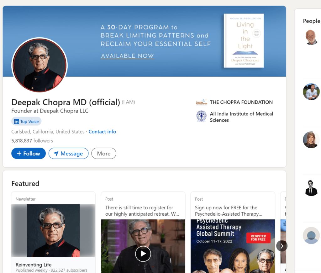 Deepak Chopra's official profile page on LinkedIn