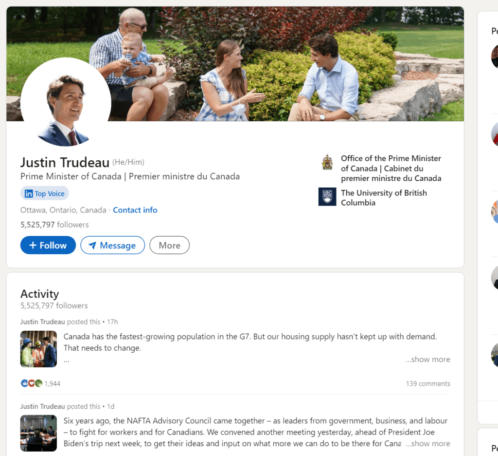 Justin Trudeau's official profile page on LinkedIn