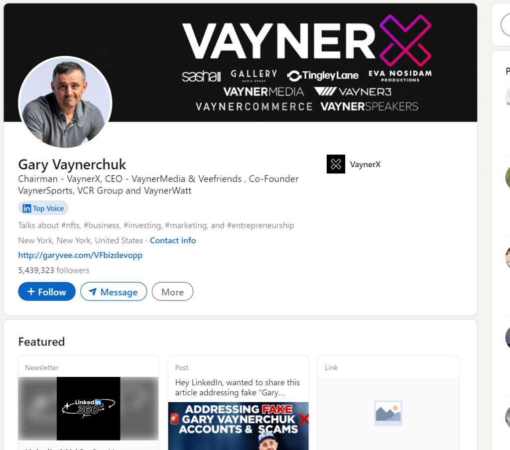 Gary Vaynerchuk's official profile page on LinkedIn