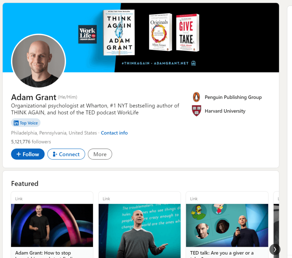 Adam Grant's official profile page on LinkedIn