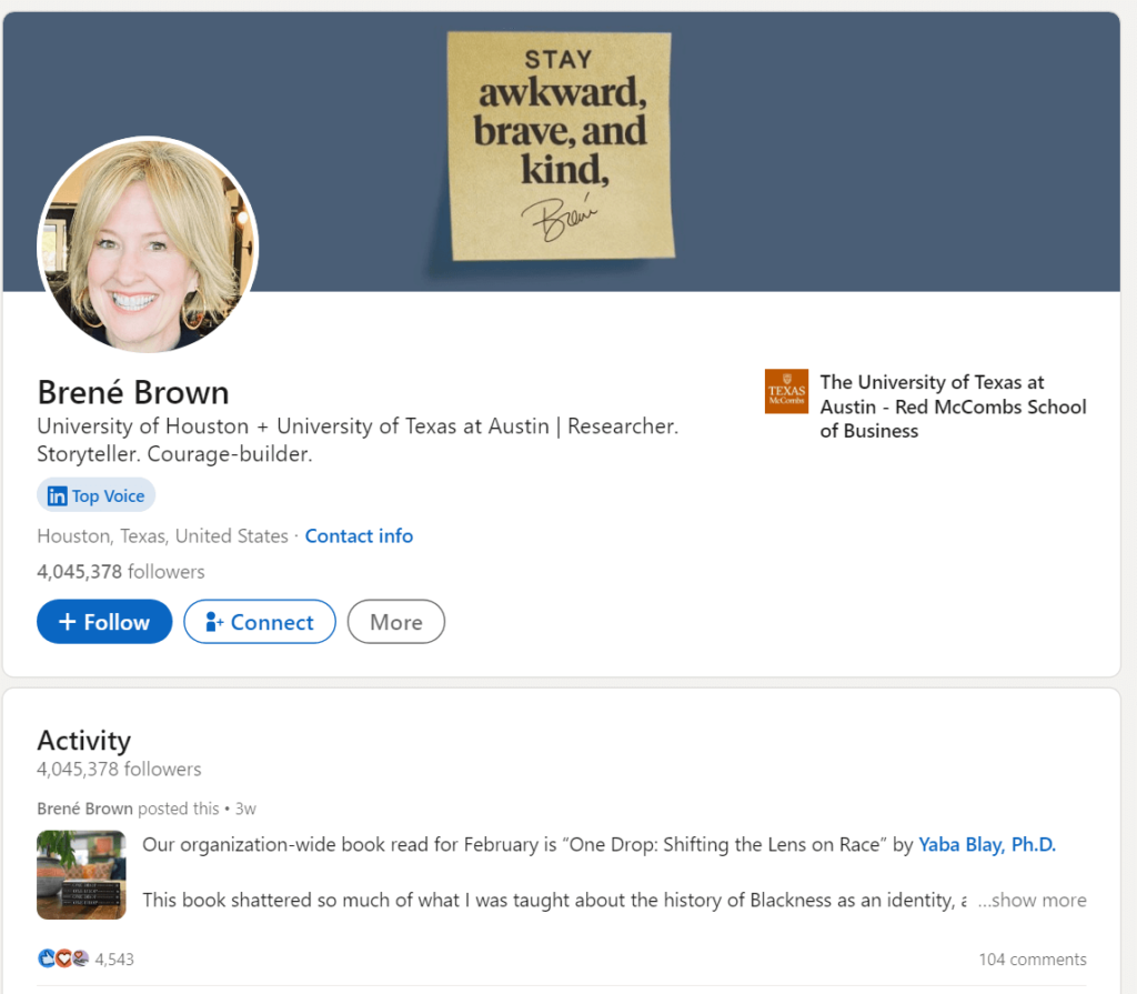 Brené Brown's official profile page on LinkedIn