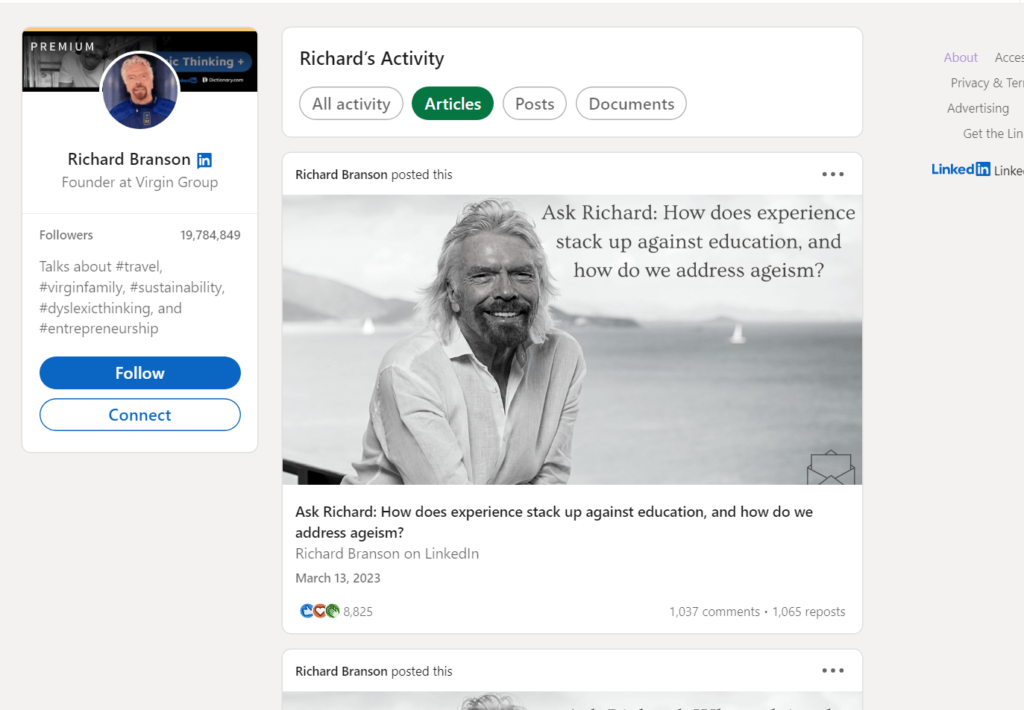 Richard Branson's official profile page on LinkedIn