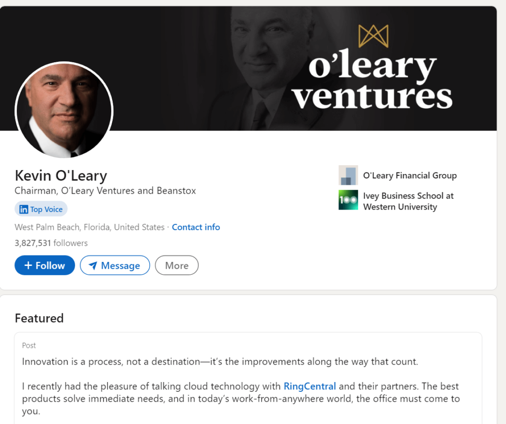 Kevin O'Leary's official profile page on LinkedIn