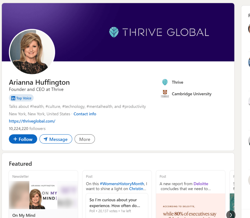 Arianna Huffington's official profile page on LinkedIn