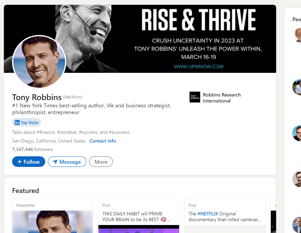 Tony Robbins' official profile page on LinkedIn