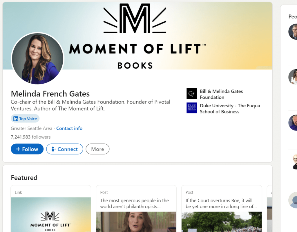 Melinda French Gates' official profile page on LinkedIn