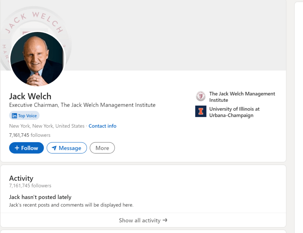 Jack Welch's official profile page on LinkedIn