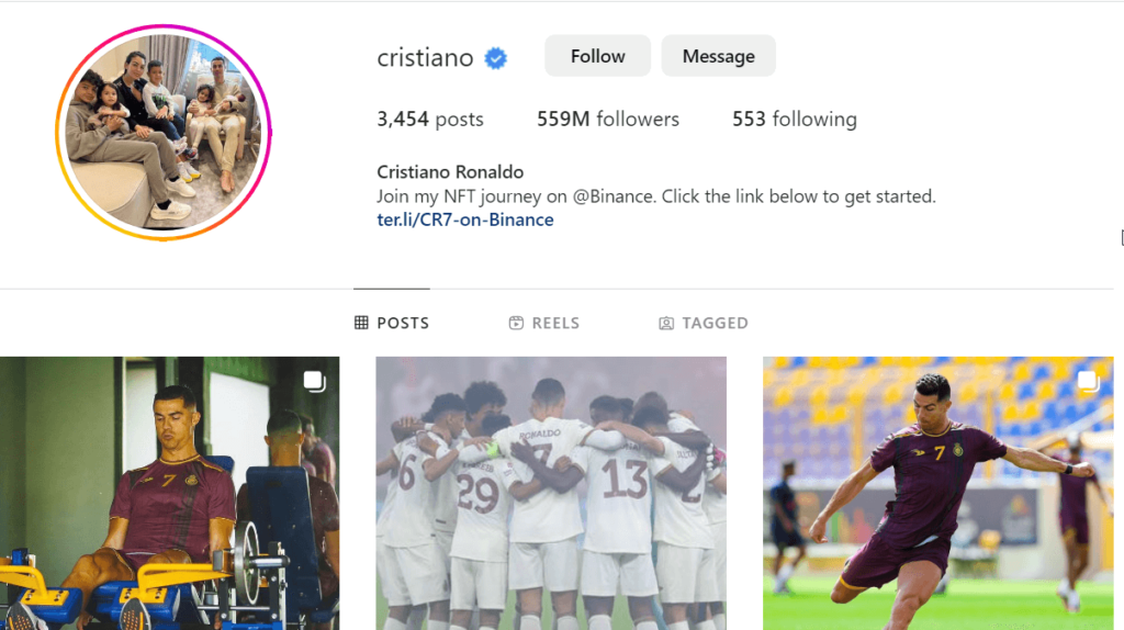 Cristiano Ronaldo official profile page on Instagram