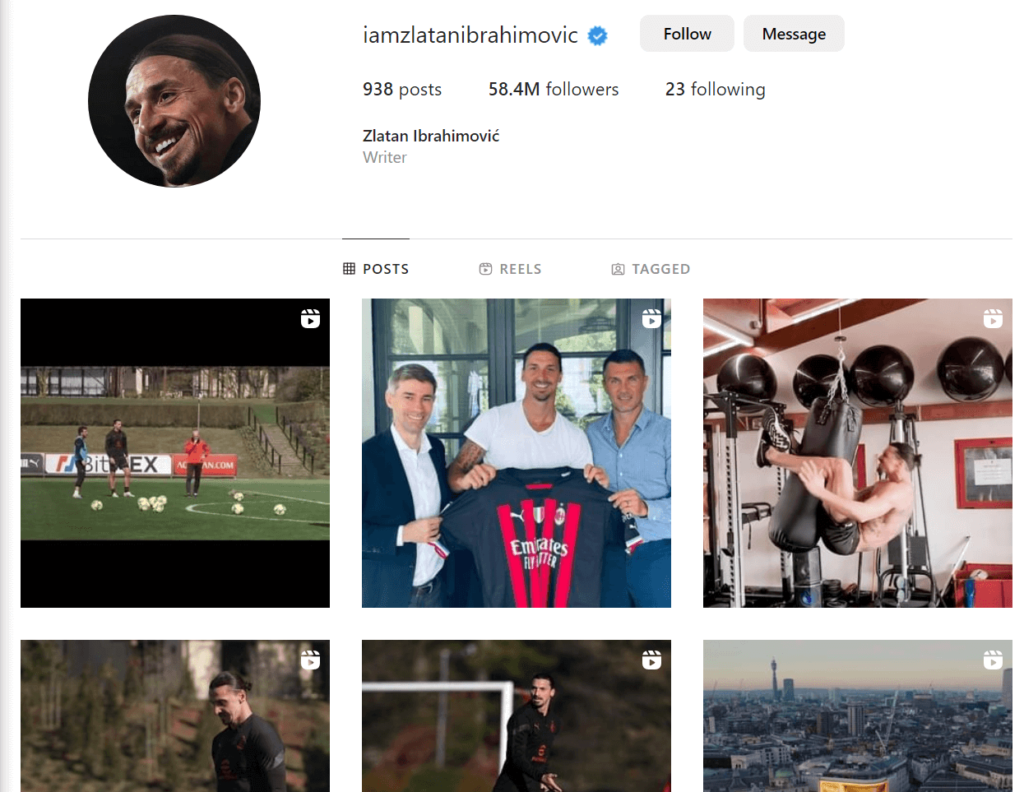 Zlatan Ibrahimovic official profile page on Instagram