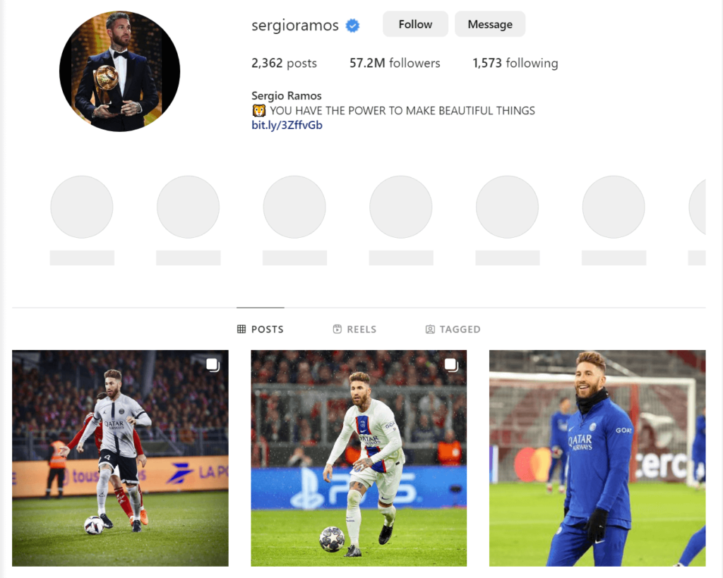 Sergio Ramos official profile page on Instagram