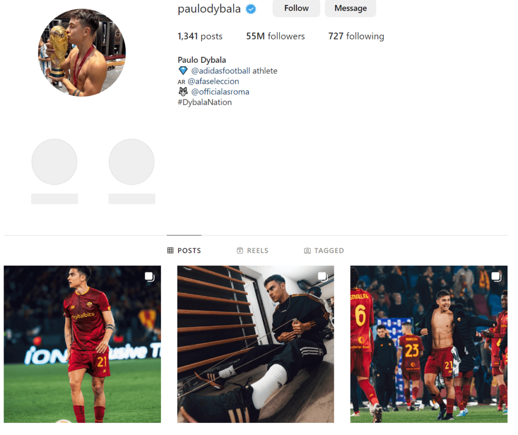 Paulo Dybala official profile page on Instagram