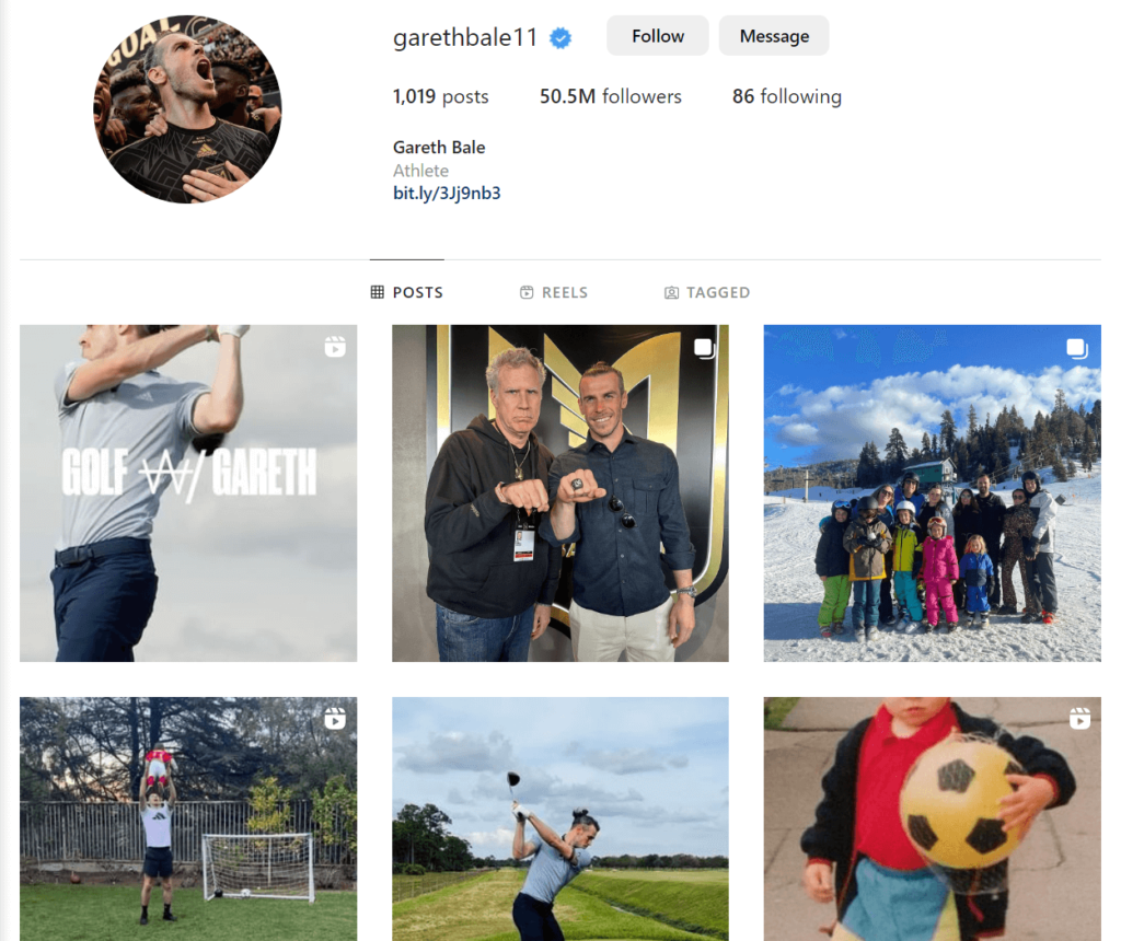 Gareth Bale official profile page on Instagram
