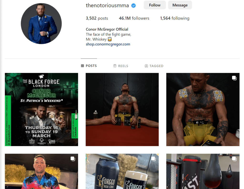 Conor McGregor official profile page on Instagram