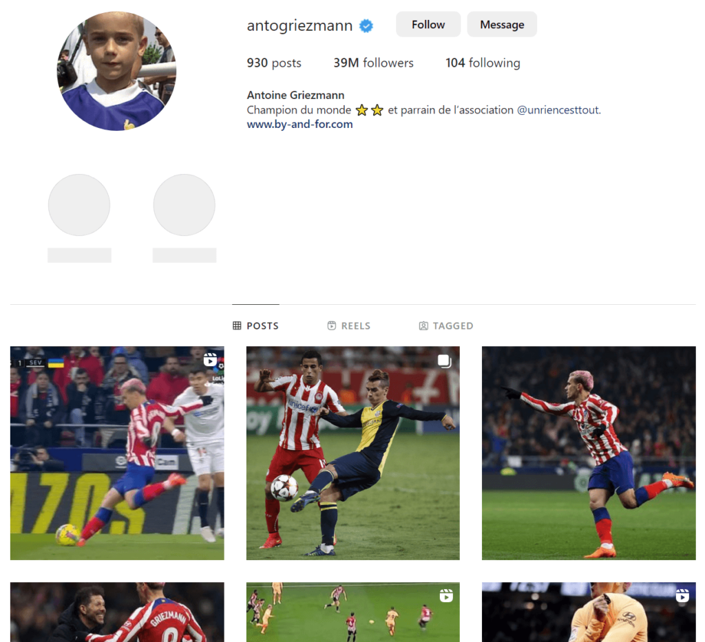 Antoine Griezmann official profile page on Instagram