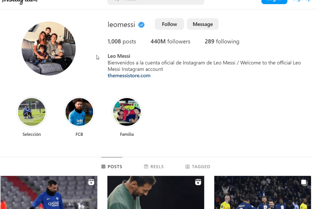 Lionel Messi official profile page on Instagram