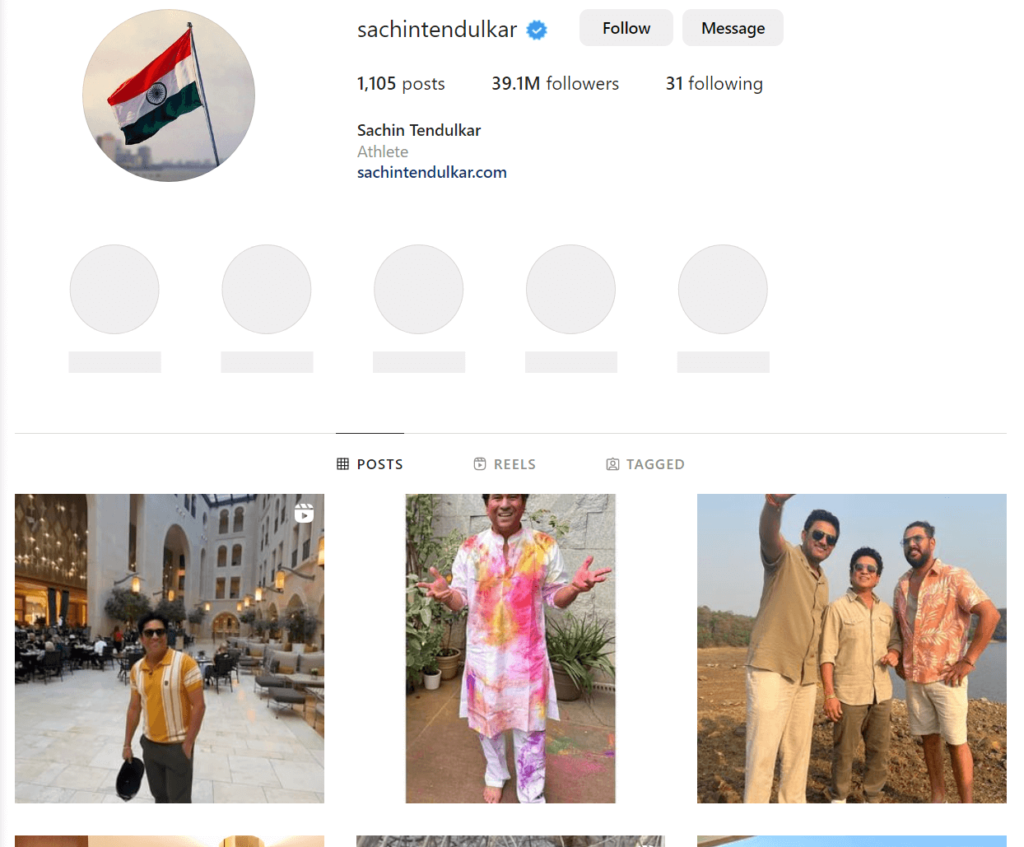 Sachin Tendulkar official profile page on Instagram