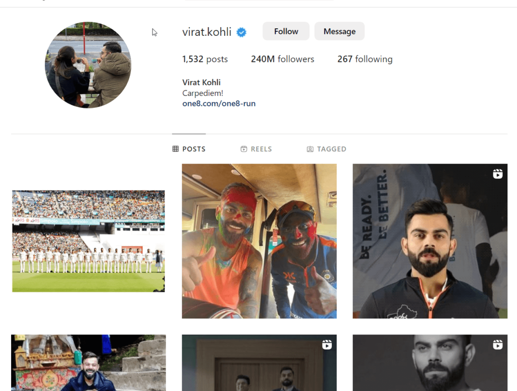 Virat Kohli official profile page on Instagram
