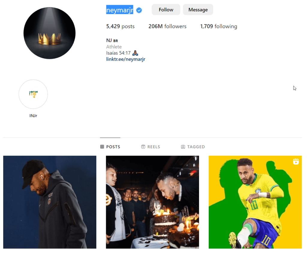 Neymar official profile page on Instagram