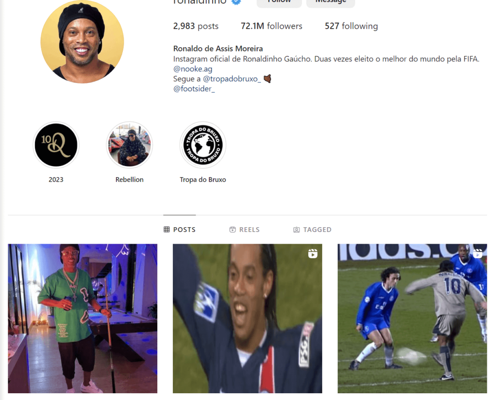 Ronaldinho official profile page on Instagram