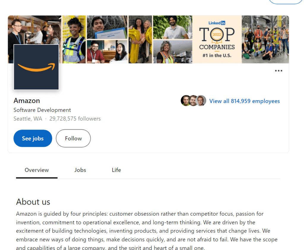Amazon's official profile page on LinkedIn