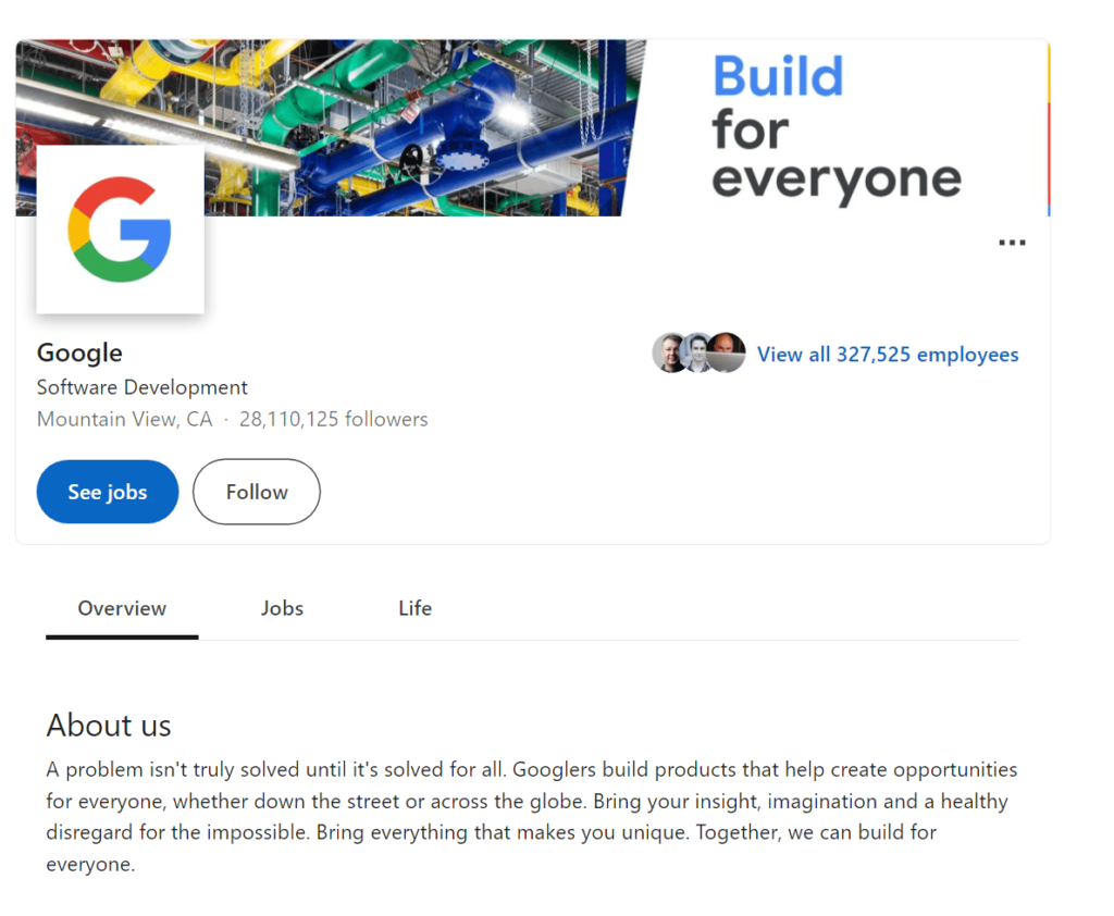Google's official profile page on LinkedIn