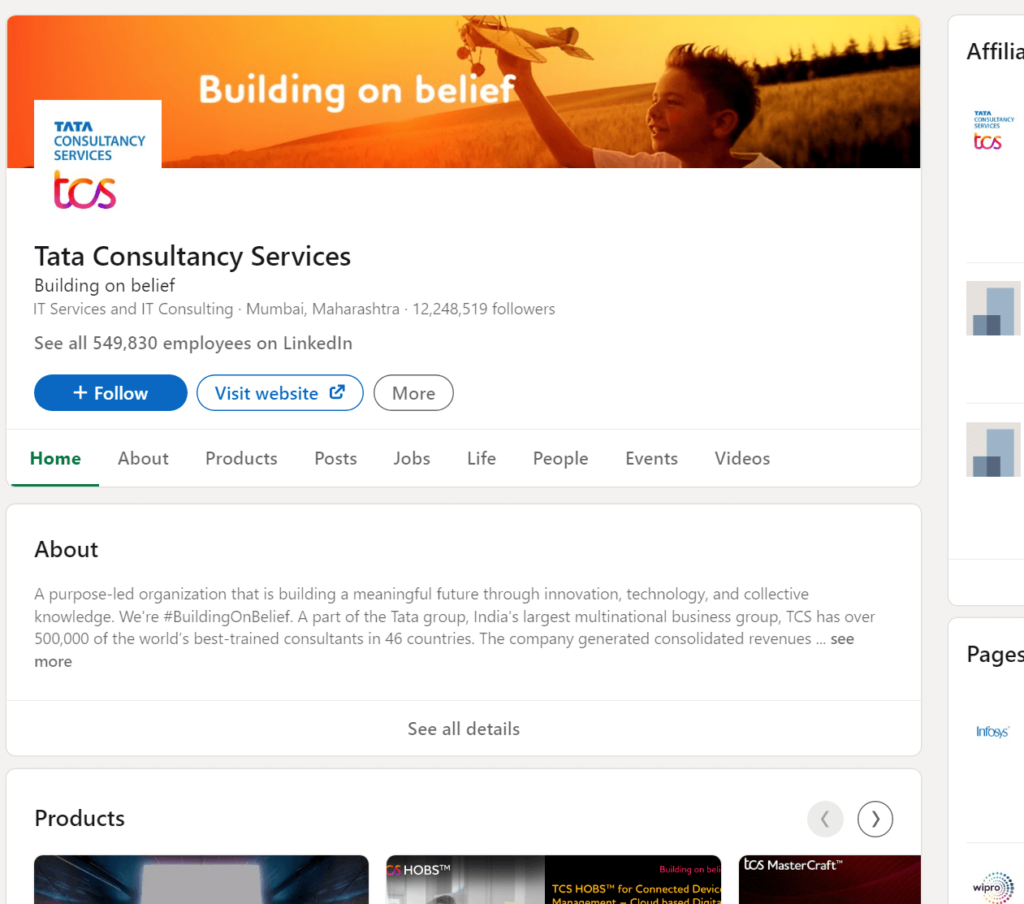 Tata Consultancy Series' official profile page on LinkedIn