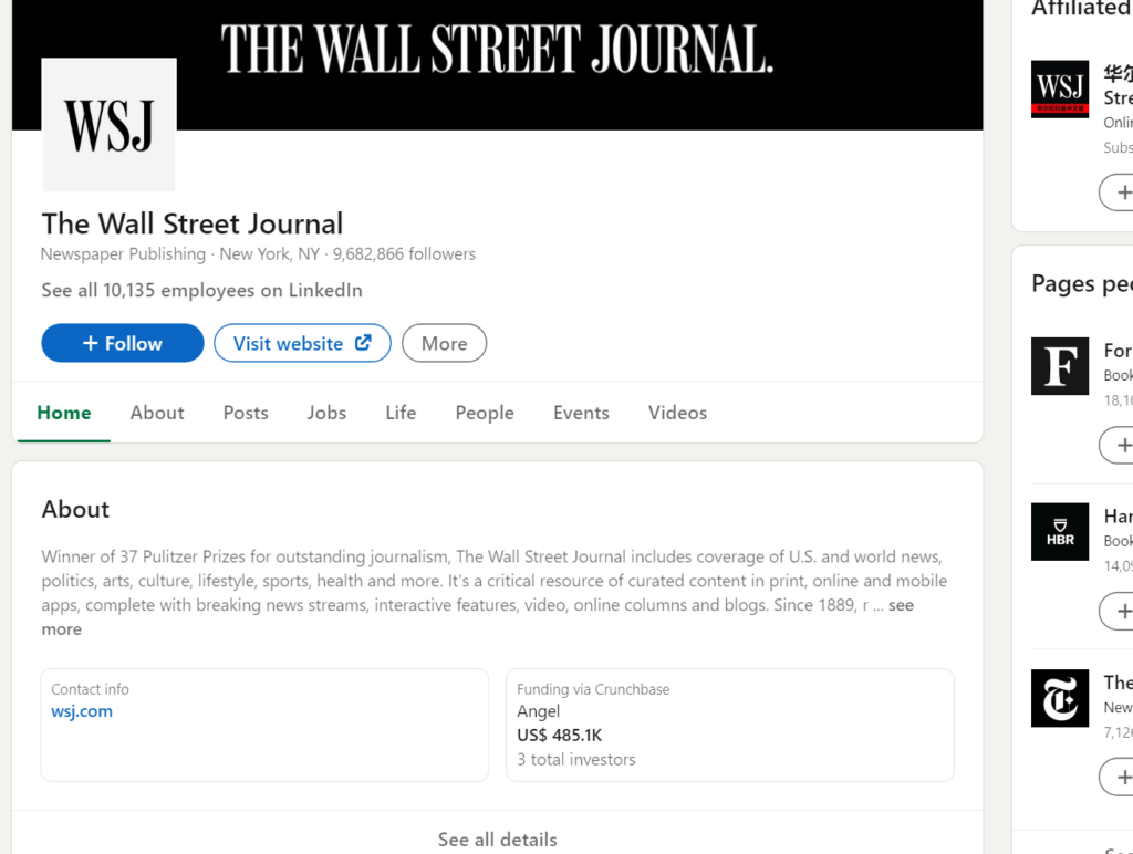 The Wall Street Journal's official profile page on LinkedIn