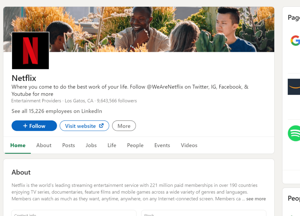 Netflix's official profile page on LinkedIn