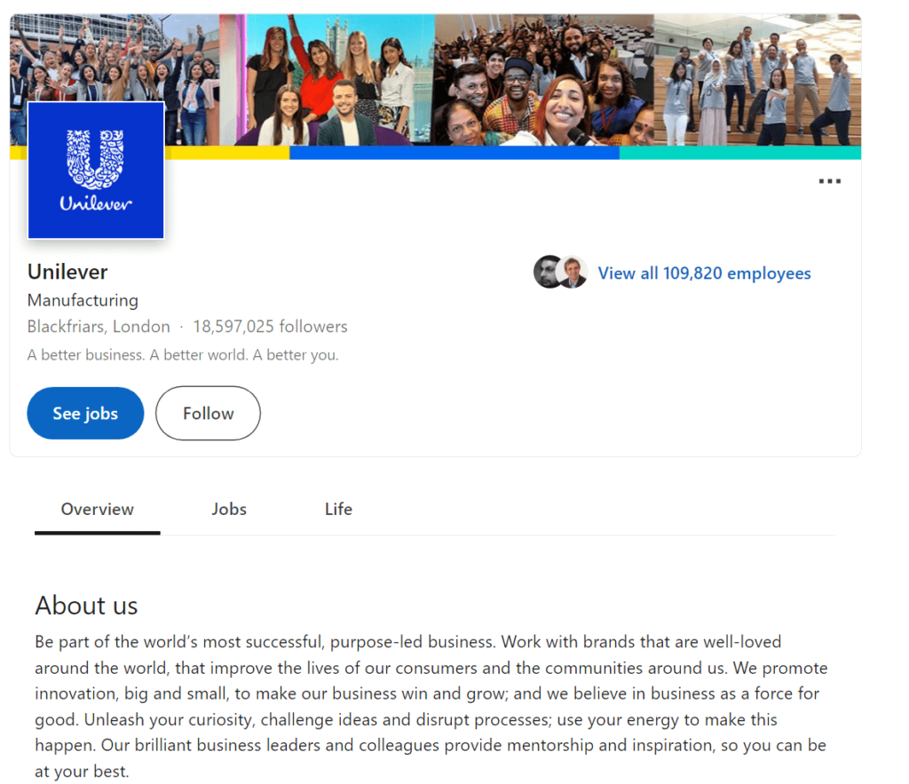 Unilever's official profile page on LinkedIn