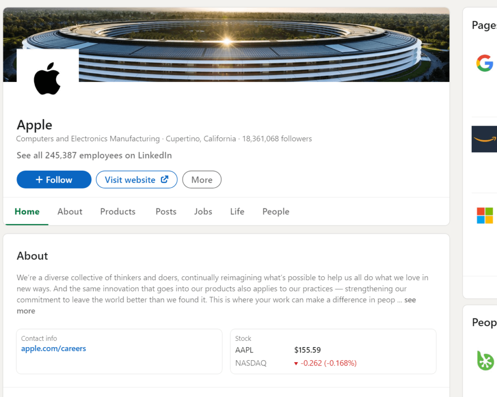 Apple's official profile page on LinkedIn